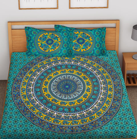 SheetKart Elephant Mandala 144 TC 100% Cotton Double Super King Size Bedsheet with 2 Pillow Covers, Green