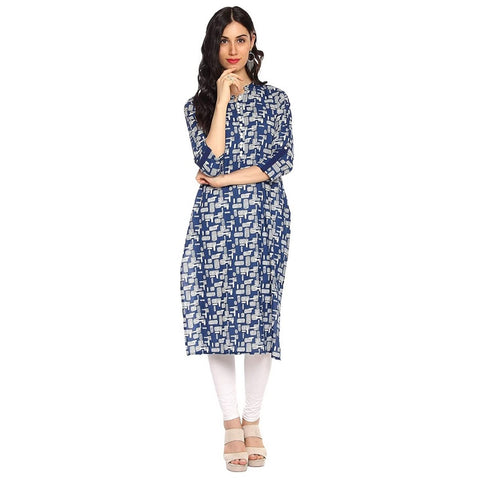Arayna Blue and Off White Printed Straight Kurti for Women