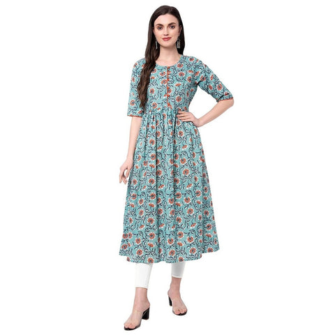 Arayna Women's Blue and Rust Cotton Printed A-Line Kurti - SheetKart
