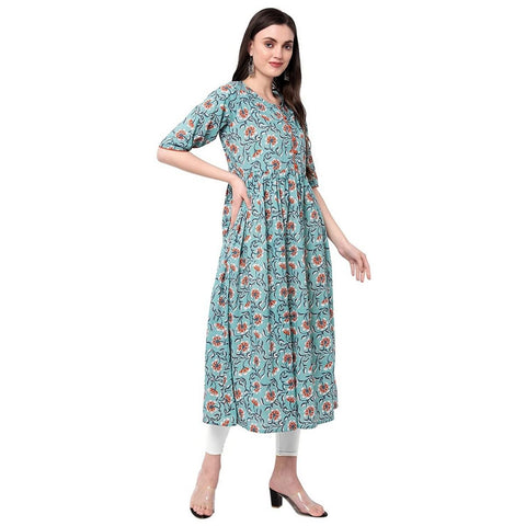 Arayna Women's Blue and Rust Cotton Printed A-Line Kurti - SheetKart