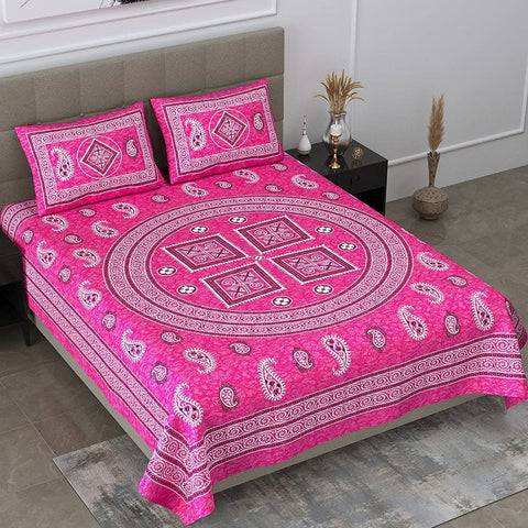SheetKart 144 TC Jaipuri Floral Mandala Printed Cotton Double Bedsheet with 2 Pillow Covers, Button Rose