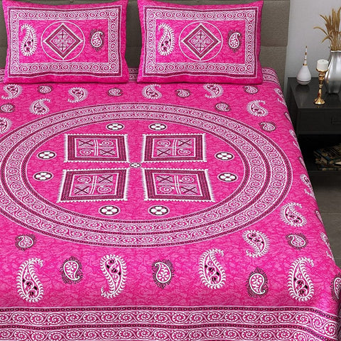 SheetKart 144 TC Jaipuri Floral Mandala Printed Cotton Double Bedsheet with 2 Pillow Covers, Button Rose