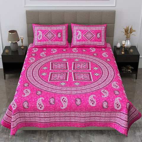 SheetKart 144 TC Jaipuri Floral Mandala Printed Cotton Double Bedsheet with 2 Pillow Covers, Button Rose
