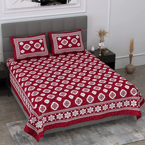SheetKart Floral Motif Printed 144 TC Cotton Double Bedsheet with 2 Pillow Covers - Burgundy - SheetKart