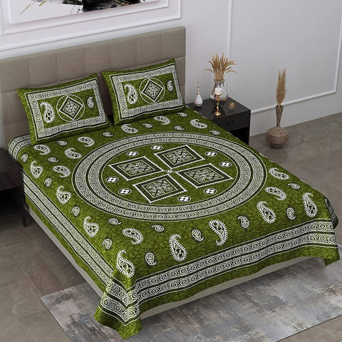SheetKart 144 TC Jaipuri Floral Mandala Printed Cotton Double Bedsheet with 2 Pillow Covers, Ivy Green