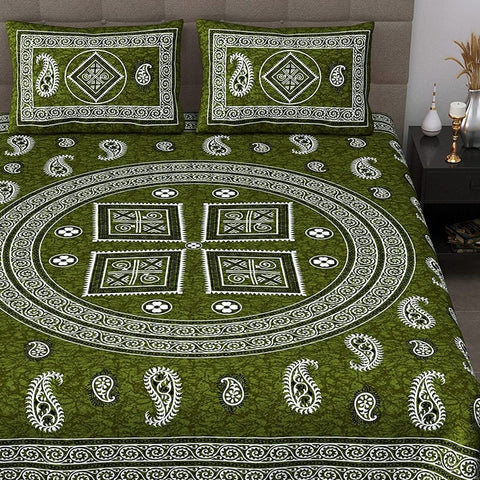 SheetKart 144 TC Jaipuri Floral Mandala Printed Cotton Double Bedsheet with 2 Pillow Covers, Ivy Green