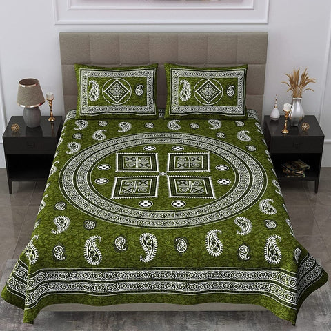 SheetKart 144 TC Jaipuri Floral Mandala Printed Cotton Double Bedsheet with 2 Pillow Covers, Ivy Green
