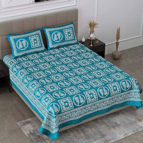 SheetKart 144 TC Jaipuri Floral Printed Cotton Double Bedsheet with 2 Pillow Covers, Breeze Sea Green