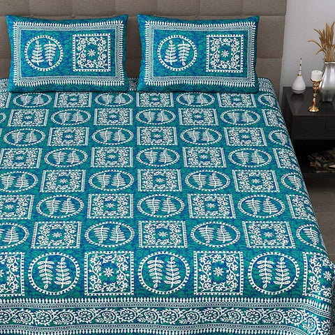 SheetKart 144 TC Jaipuri Floral Printed Cotton Double Bedsheet with 2 Pillow Covers, Breeze Sea Green