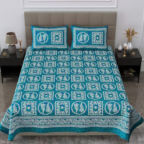 SheetKart 144 TC Jaipuri Floral Printed Cotton Double Bedsheet with 2 Pillow Covers, Breeze Sea Green