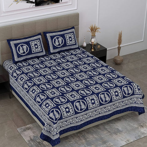 SheetKart 144 TC Jaipuri Floral Printed Cotton Double Bedsheet with 2 Pillow Covers, Breeze Blue