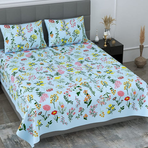 SheetKart 144 TC 100% Cotton Floral Premium Double Bedsheet with 2 Pillow Covers, Sky Blue - SheetKart