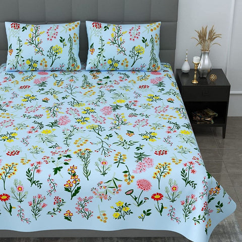 SheetKart 144 TC 100% Cotton Floral Premium Double Bedsheet with 2 Pillow Covers, Sky Blue - SheetKart