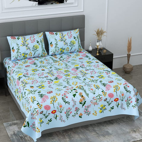 SheetKart 144 TC 100% Cotton Floral Premium Double Bedsheet with 2 Pillow Covers, Sky Blue - SheetKart