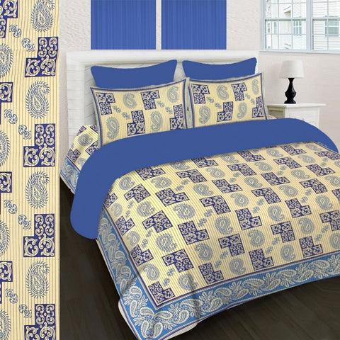 SheetKart 144 TC Cotton Printed Jaipuri King Size Double Bedsheet with 2 Pillow Covers, Sapphire Blue - SheetKart