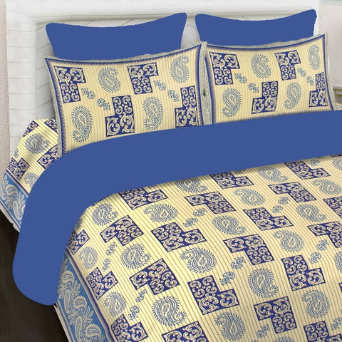 SheetKart 144 TC Cotton Printed Jaipuri King Size Double Bedsheet with 2 Pillow Covers, Sapphire Blue - SheetKart