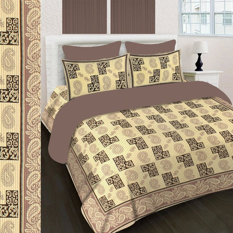 SheetKart 144 TC Cotton Printed Jaipuri King Size Double Bedsheet with 2 Pillow Covers, Brown - SheetKart