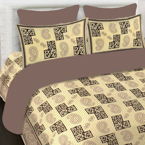 SheetKart 144 TC Cotton Printed Jaipuri King Size Double Bedsheet with 2 Pillow Covers, Brown - SheetKart