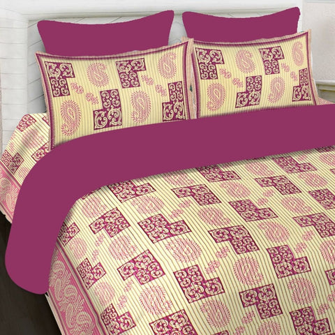 SheetKart 144 TC Cotton Printed Jaipuri King Size Double Bedsheet with 2 Pillow Covers, Shell Pink - SheetKart