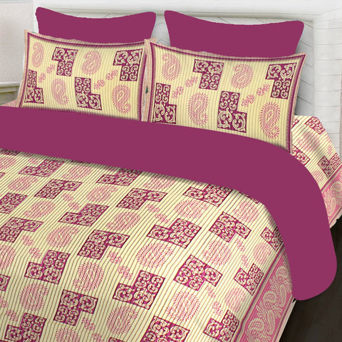 SheetKart 144 TC Cotton Printed Jaipuri King Size Double Bedsheet with 2 Pillow Covers, Shell Pink - SheetKart