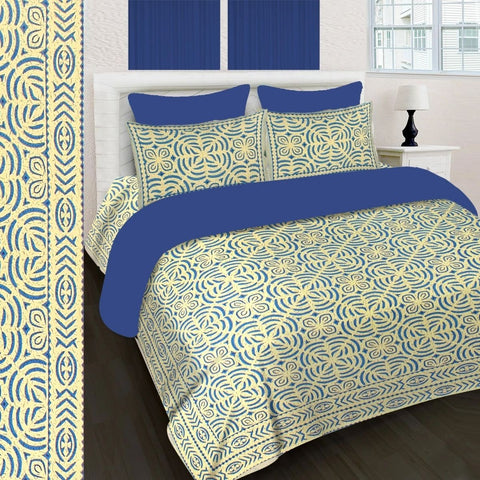 SheetKart 144 TC Cotton Printed Jaipuri King Size Double Bedsheet with 2 Pillow Covers, Cobalt Blue - SheetKart
