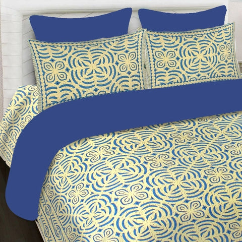 SheetKart 144 TC Cotton Printed Jaipuri King Size Double Bedsheet with 2 Pillow Covers, Cobalt Blue - SheetKart
