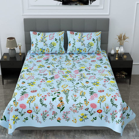 SheetKart 144 TC 100% Cotton Floral Premium Double Bedsheet with 2 Pillow Covers, Sky Blue - SheetKart