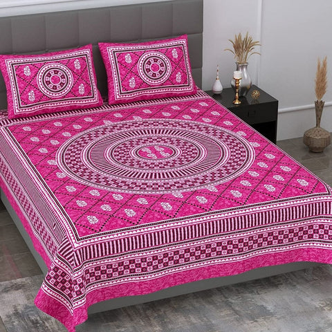SheetKart Mandala Floral Print 144 TC Cotton Double Bedsheet with Pillow Covers - Pink - SheetKart