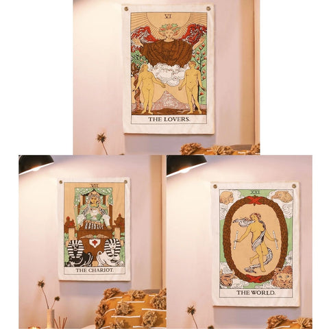 Tarot Flag Tapestry - Bohemian Cotton Printed Hand Made Wall Hanging Tapestries with Steel Grommets, Beige, Pack of 3 - SheetKart