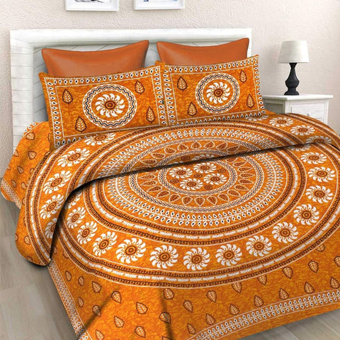 SheetKart Floral 100% Cotton Double Bedsheet with 2 Pillow Covers, Golden Yellow - SheetKart