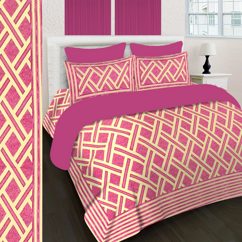 SheetKart 144 TC Cotton Printed Jaipuri King Size Double Bedsheet with 2 Pillow Covers, Rose Pink - SheetKart
