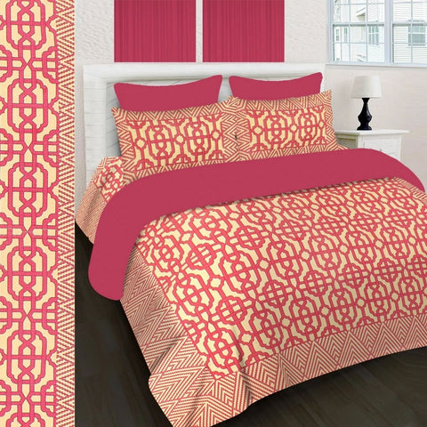 SheetKart 144 TC Cotton Printed Jaipuri King Size Double Bedsheet with 2 Pillow Covers in Coral Pink Color - SheetKart