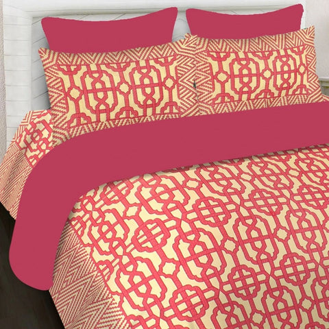 SheetKart 144 TC Cotton Printed Jaipuri King Size Double Bedsheet with 2 Pillow Covers in Coral Pink Color - SheetKart