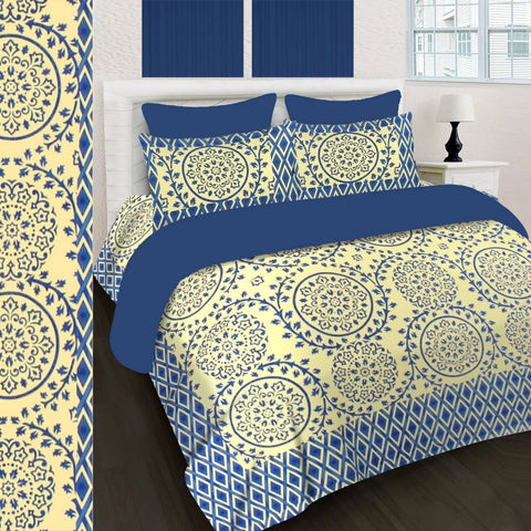 SheetKart 144 TC Cotton Printed Jaipuri King Size Double Bedsheet with 2 Pillow Covers, Turquoise Blue - SheetKart