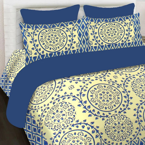 SheetKart 144 TC Cotton Printed Jaipuri King Size Double Bedsheet with 2 Pillow Covers, Turquoise Blue - SheetKart