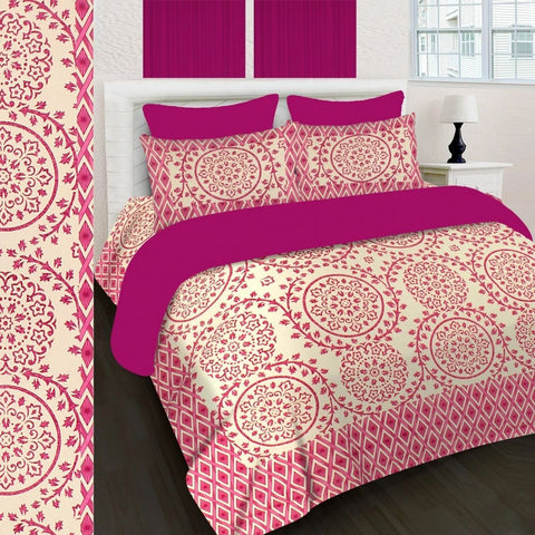 SheetKart 144 TC Cotton Printed Jaipuri King Size Double Bedsheet with 2 Pillow Covers, Magenta Pink - SheetKart