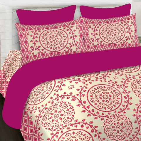 SheetKart 144 TC Cotton Printed Jaipuri King Size Double Bedsheet with 2 Pillow Covers, Magenta Pink - SheetKart