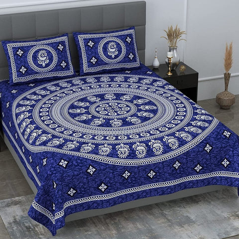 SheetKart Motif Mandala Printed 144 TC Cotton Double Bedsheet with 2 Pillow Covers - Navy Blue - SheetKart