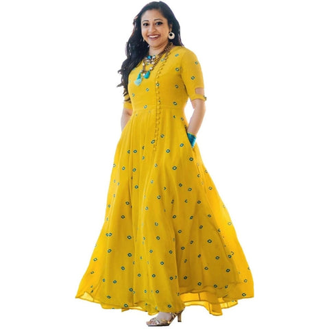 Arayna Women's Long Embroidered Yellow Color Rayon Kurti - SheetKart