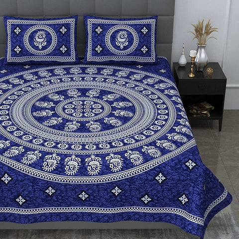 SheetKart Motif Mandala Printed 144 TC Cotton Double Bedsheet with 2 Pillow Covers - Navy Blue - SheetKart