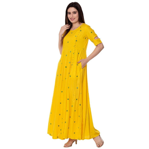 Arayna Women's Long Embroidered Yellow Color Rayon Kurti - SheetKart
