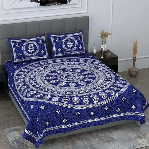 SheetKart Motif Mandala Printed 144 TC Cotton Double Bedsheet with 2 Pillow Covers - Navy Blue - SheetKart