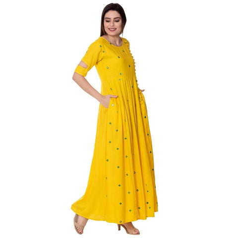 Arayna Women's Long Embroidered Yellow Color Rayon Kurti - SheetKart