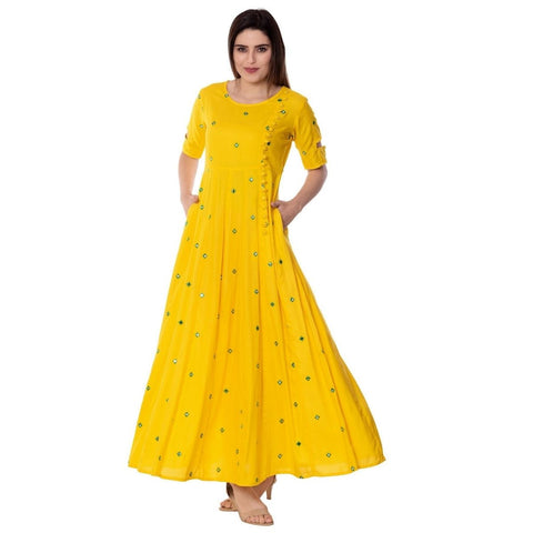 Arayna Women's Long Embroidered Yellow Color Rayon Kurti - SheetKart