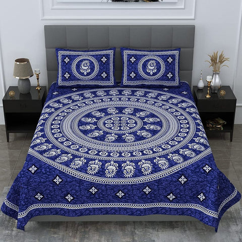 SheetKart Motif Mandala Printed 144 TC Cotton Double Bedsheet with 2 Pillow Covers - Navy Blue - SheetKart
