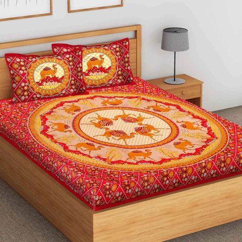 SheetKart Camel Cotton King Size for Jaipuri Double Bedsheet with 2 Pillow Covers, Red - SheetKart
