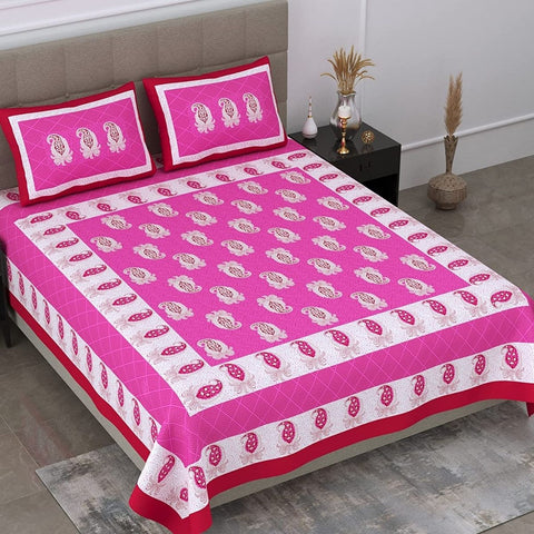 SheetKart Floral Printed 144 TC Jaipuri Cotton Double Bedsheet with 2 Pillow Covers - Pink - SheetKart