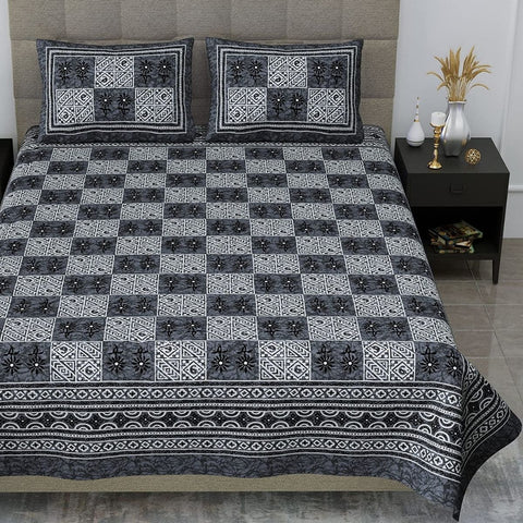 SheetKart 144 TC Floral Squares Jaipuri Printed Cotton Bedsheet with 2 Pillow Covers, Grey