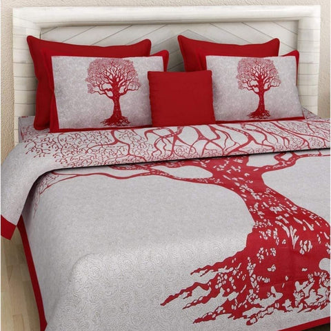 SheetKart Cotton Tree of Life King Size Jaipuri Double Bedsheet with 4 Pillow Covers & 1 Cushion Cover - SheetKart