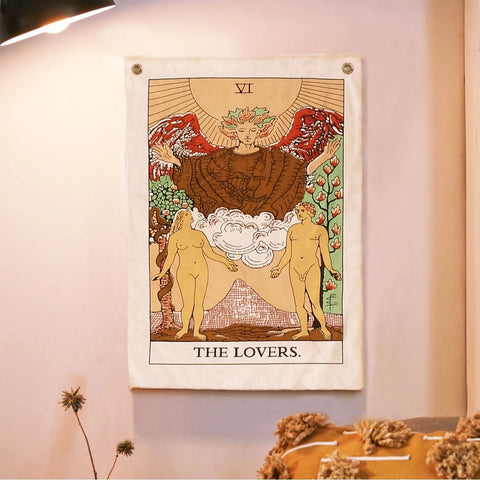 Tarot Flag Tapestry - Bohemian Cotton Printed Hand Made Wall Hanging Tapestries with Steel Grommets, Beige, Pack of 3 - SheetKart